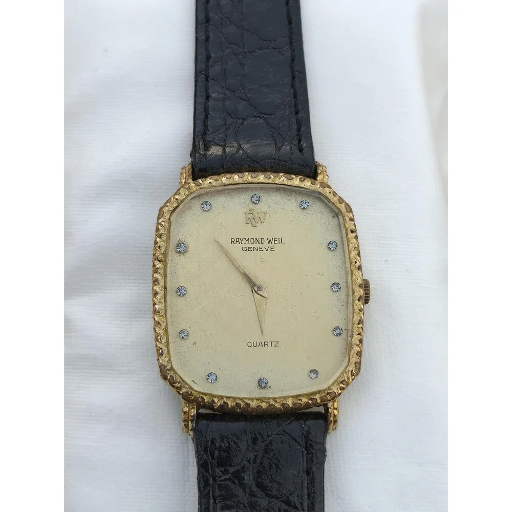VTG Raymond Weil Geneve Champagne Watch 18K Gold Electroplated 9528 Rhinestone